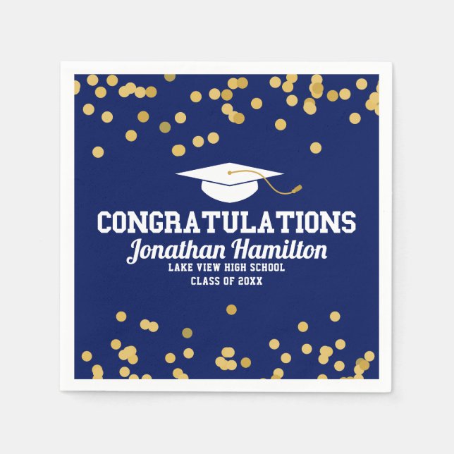 Guardanapo De Papel Parabéns Marinho Parte Dourada Azul Formando (Frente)