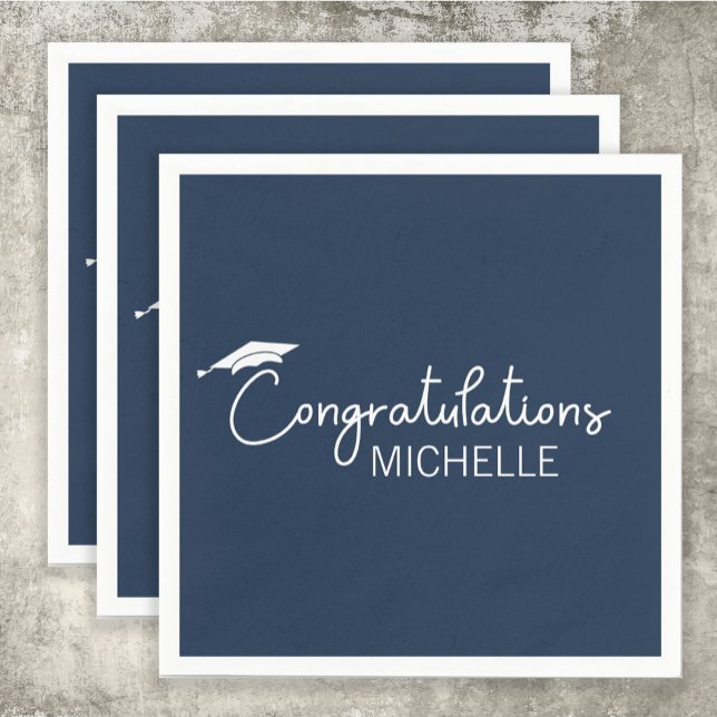 Guardanapo De Papel Parabéns pela Formatura Azul Marinho Branco Script (Navy blue and white graduation party paper napkin)