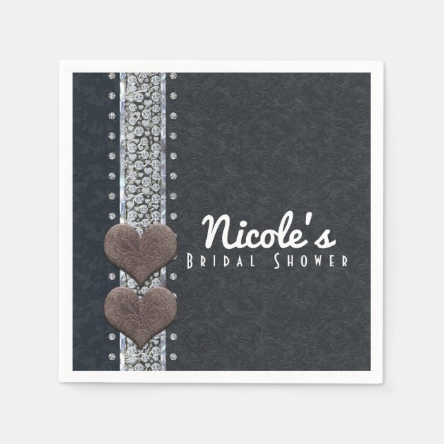 Guardanapo De Papel Partido Bling de Couros Negros e Diamantes do Glam (Frente)