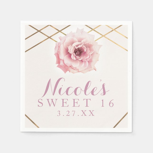 Guardanapo De Papel Partido do Chá de panela Floral Rosa e Dourado (Frente)