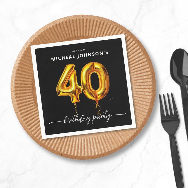 Guardanapo De Papel Partido Dourado do aniversário de 40 anos Negro (Gold Balloon Black 40th Birthday Party Napkins)