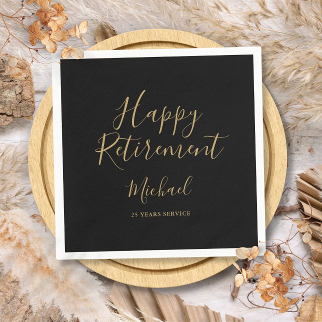 Guardanapo De Papel Partido Elegante Preto E Dourado De Aposentação De (Elegant Black And Gold Script Retirement Party Napkins)