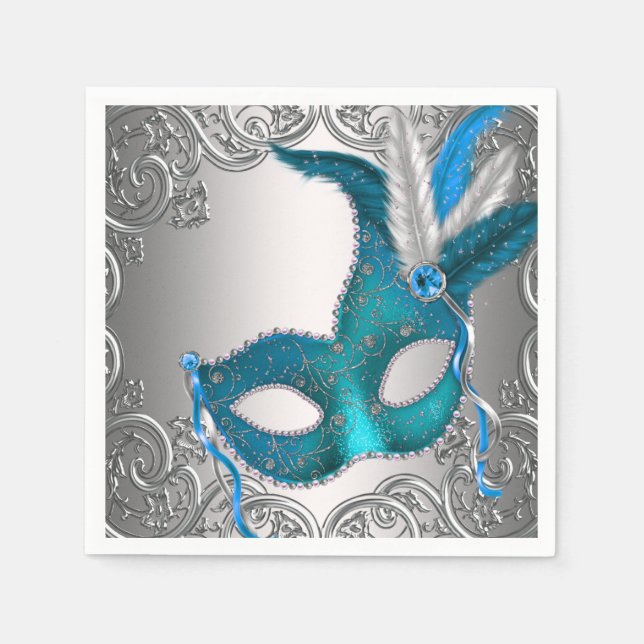 Guardanapo De Papel Partido Elegante Silver e Teal Blue Mascarada (Frente)