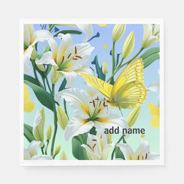 Guardanapo De Papel Partido Napkins White Lily Yellow Butfly (Frente)