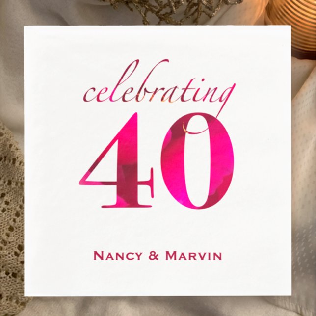 Guardanapo De Papel Partido Personalizado Ruby 40º Aniversário de Casa (Add couples names to these vibrant ruby red pink floral custom 40th anniversary party napkins
)