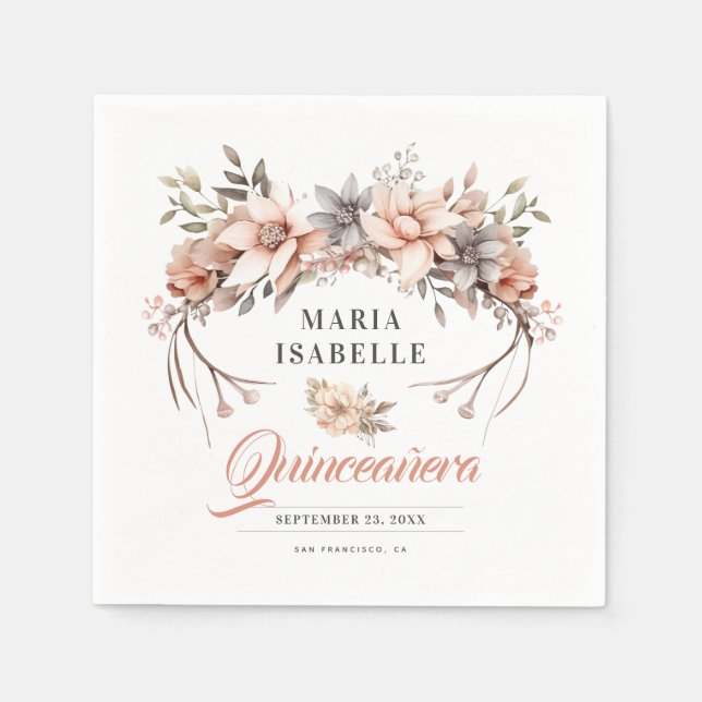 Guardanapo De Papel Partido Quinceañera da Coroa Floral Dourada Elegan (Frente)
