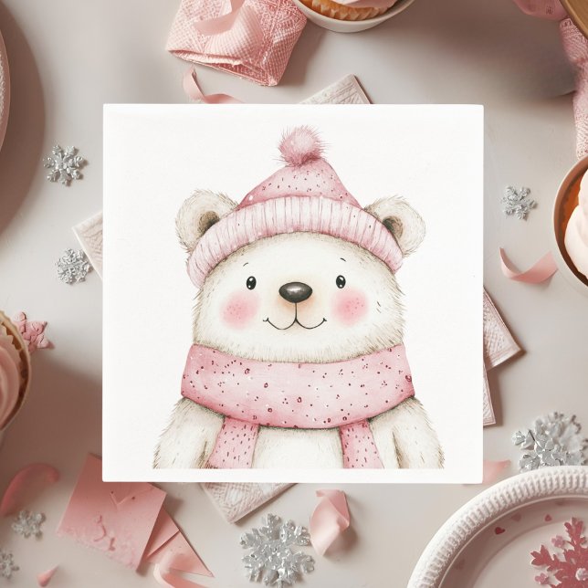 Guardanapo De Papel Parto de inverno Wonderland White Bear Pink Aniver (Criador carregado)