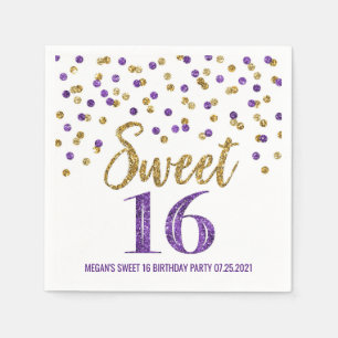 Guardanapo De Papel Parto Roxo Dourado Confetti Sweet 16 Aniversário