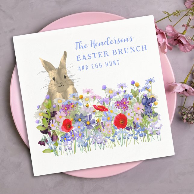 Guardanapo De Papel Páscoa Brunch e Ovo Hunt Floral Personalizados (Easter brunch and egg hunt floral custom napkins watercolor wildflowers and cute bunny)