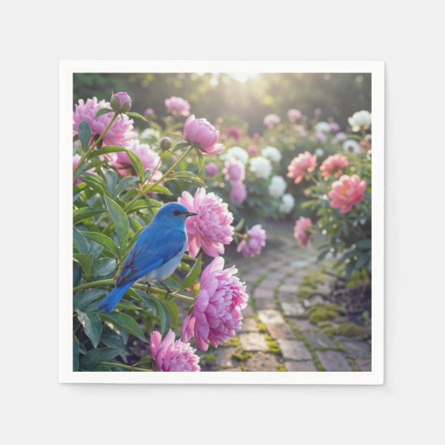 Guardanapo De Papel Pássaro Azul em uma Peônia Rosa (Frente)
