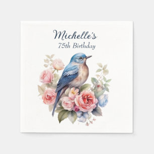 Guardanapo De Papel Pássaro Azul Flores Rosa 75º Aniversário