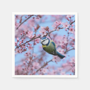 Guardanapo De Papel Pássaro azul-tit em flores cor-de-rosa japonesas 