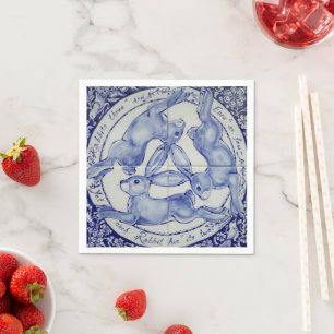 Guardanapo De Papel Pássaro do Coelho Azul e Branco com Três Hares