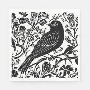 Guardanapo De Papel Pássaro em uma ramificação com flores em preto e b