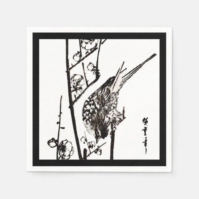 Guardanapo De Papel Pássaro Japonês em um Galho - Preto e Branco (Frente)