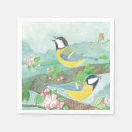 Guardanapo De Papel Pássaros cantando em um galho de árvore florescent