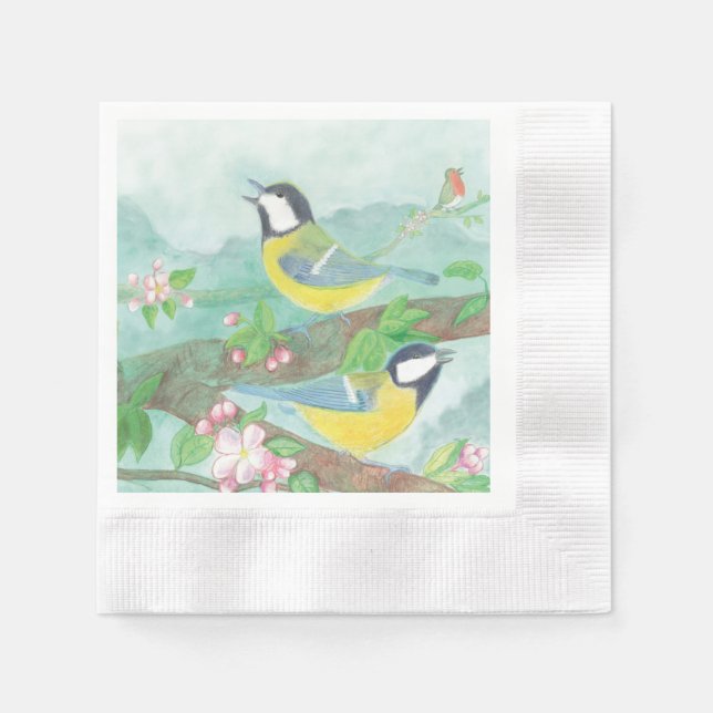 Guardanapo De Papel Pássaros cantando em um galho de árvore florescent (Frente)