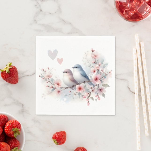 Guardanapo De Papel Pássaros de Amor Romântico Ramo de Flor de Cerejei (Insitu)