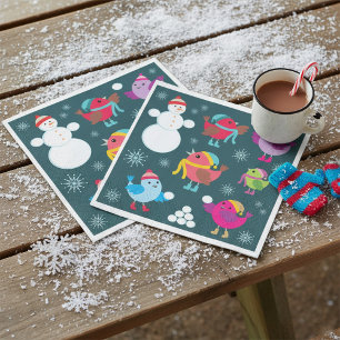 Guardanapo De Papel Pássaros de inverno brincando em neve com boneco d