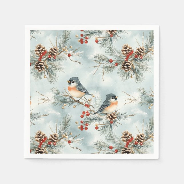 Guardanapo De Papel Pássaros de inverno com Pinecones e neve (Frente)