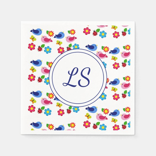 Guardanapo De Papel Pássaros e flores, primavera, brancos (Frente)