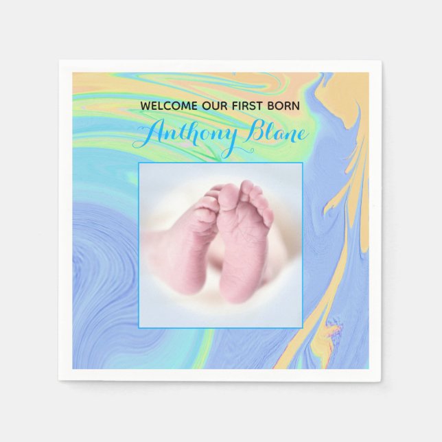 Guardanapo De Papel Pastéis e Blue "Sip and See" com foto (Frente)