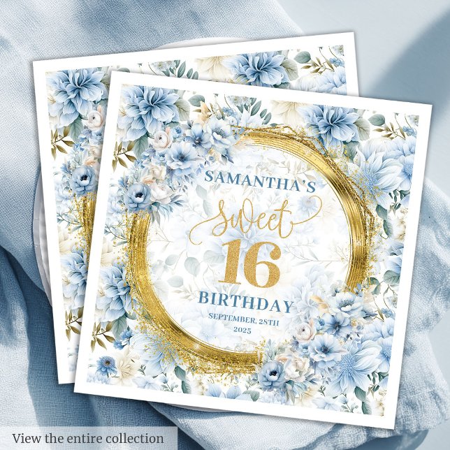 Guardanapo De Papel Pastel Azul Doce Elegante Dezesseis Glitter Dourad (Elegant Pastel Blue Sweet Sixteen Gold Glitter Napkins)