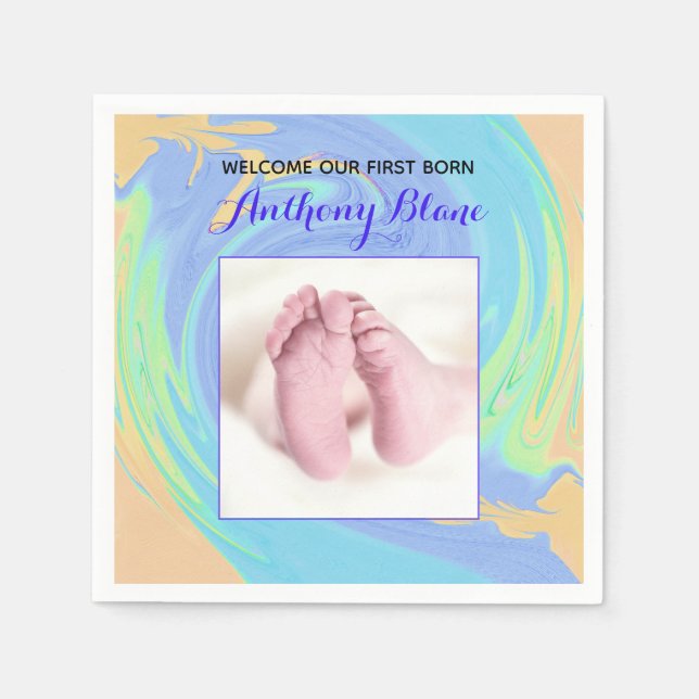 Guardanapo De Papel Pastel Bem-Vindo Primeiro Nascer Com Foto (Frente)
