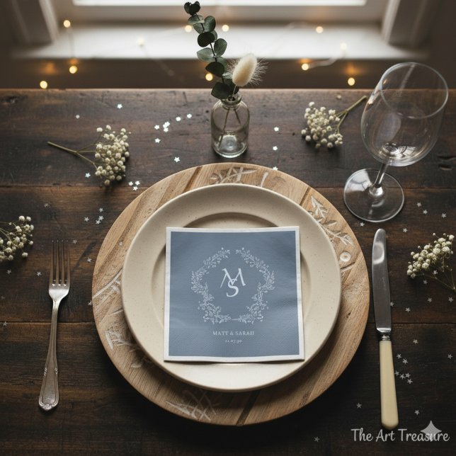 Guardanapo De Papel Pastel Blue Floral Crest Frame Elegant  (Criador carregado)