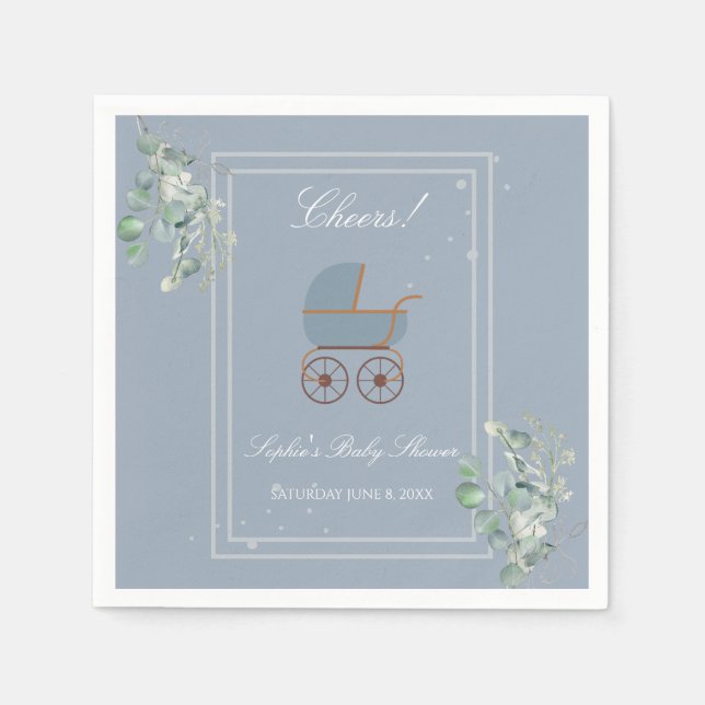 Guardanapo De Papel Pastel Blue Stripes Baby Carriage Baby Shower (Frente)