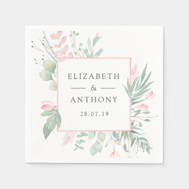 Guardanapo De Papel Pastel Blush Pink e Greenery Casamento (Frente)