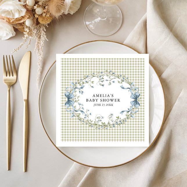 Guardanapo De Papel Pastel Gingham Blue Floral Baby Shower (Criador carregado)