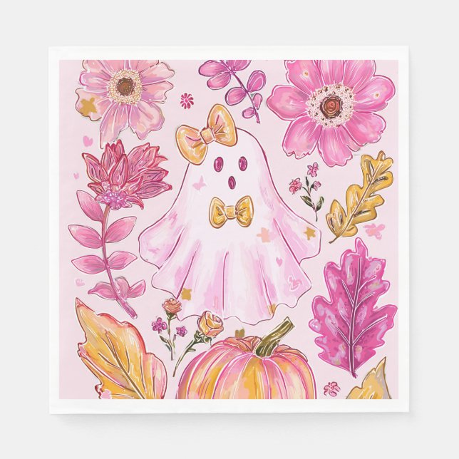 Guardanapo De Papel Pastel Pink Halloween Ghost with Flowers and Pumpk (Frente)