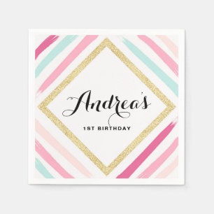 Guardanapo De Papel Pastel Stripes e Dourado Partido do Aniversário de