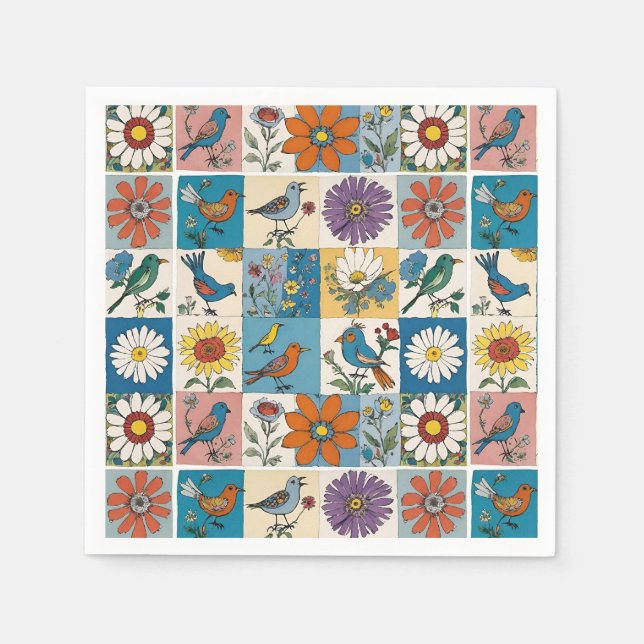 Guardanapo De Papel Patchwork Floral Com Pássaros Com Arte Folk Hippie (Frente)