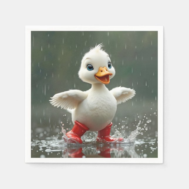 Guardanapo De Papel Patinho Branco Chapinhando em uma Poça de Chuva (Frente)