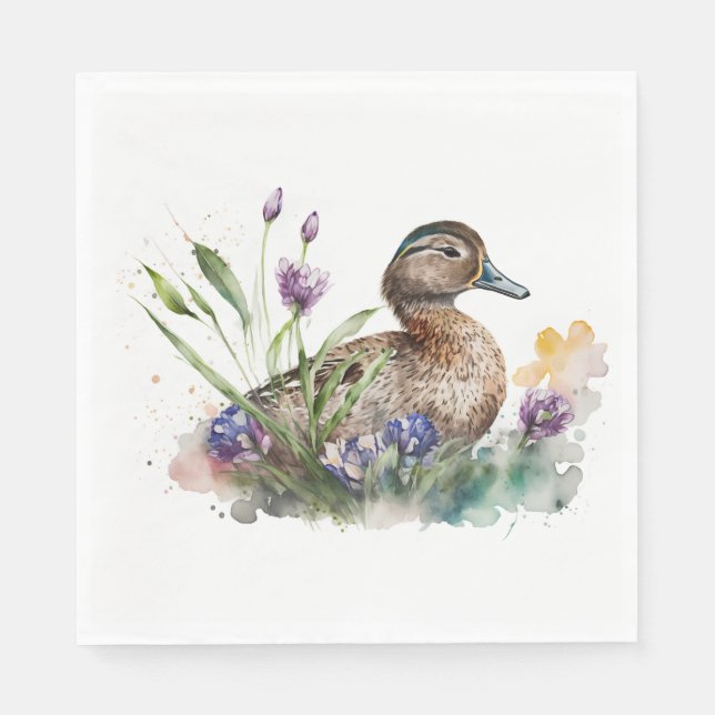 Guardanapo De Papel Pato De Aquarela Em Flores (Frente)