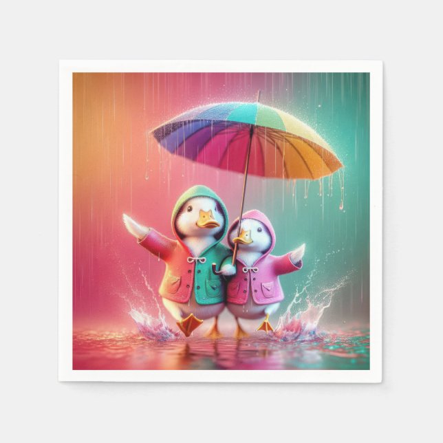 Guardanapo De Papel Patos Brancos Andando Na Chuva (Frente)