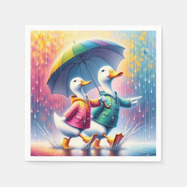 Guardanapo De Papel Patos Brancos Caminhando Na Chuva (Frente)