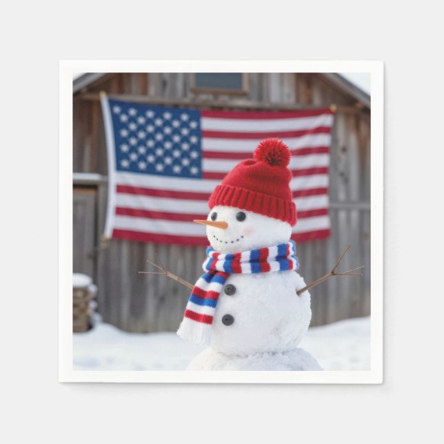 Guardanapo De Papel Patriotic Snowman With American Flag (Frente)