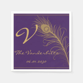 Guardanapo De Papel Pavão em Pluma Dourada e Roxa