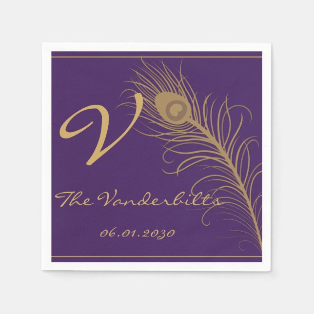 Guardanapo De Papel Pavão em Pluma Dourada e Roxa (Frente)