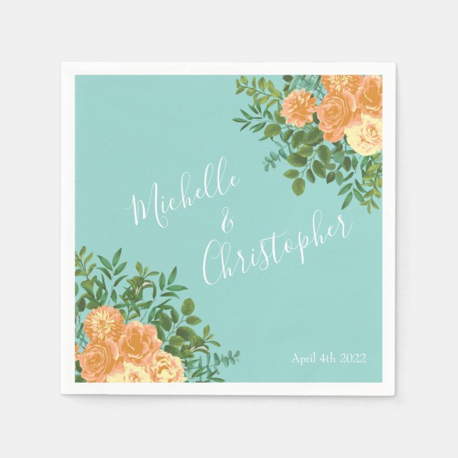 Guardanapo De Papel Peach Aqua Teal Wedding Rosa Floral (Frente)