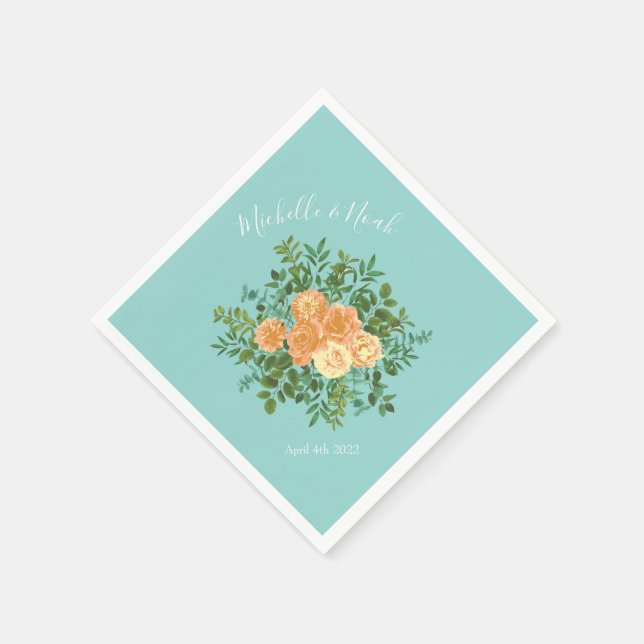 Guardanapo De Papel Peach Aqua Teal Wedding Rosa Floral (Canto)