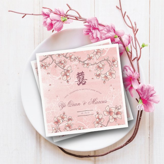 Guardanapo De Papel Peach Blossoms Dupla Felicidade Casamento Chinês (Pink Peach/Plum Blossoms Double Happiness Elegant Chinese Wedding Paper Napkins @ fatfatin_red_knot)