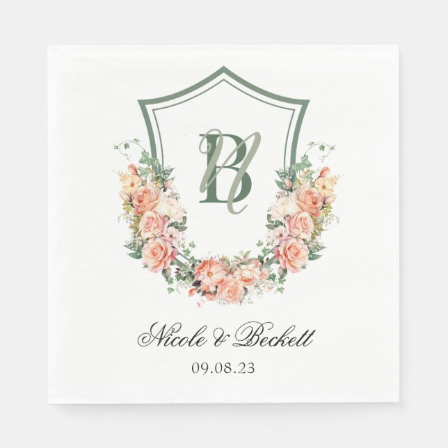 Guardanapo De Papel Peach Floral Crest Wedding (Frente)