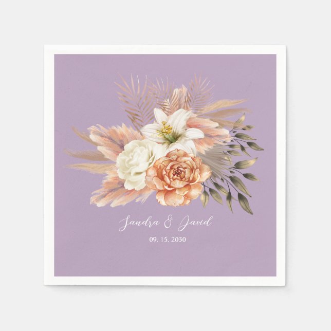 Guardanapo De Papel Peach Purple Floral Wedding (Frente)