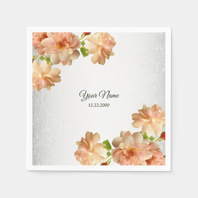 Guardanapo De Papel Peach Roses Floral Silver Glitter Wedding Party (Frente)