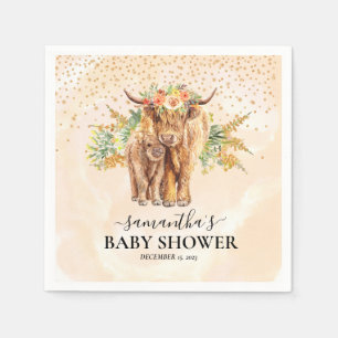 Guardanapo De Papel Peach Watercolor Floral Highland Cow Calf Baby