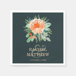 Guardanapo De Papel Peach Watercolor Floral no Teal Wedding